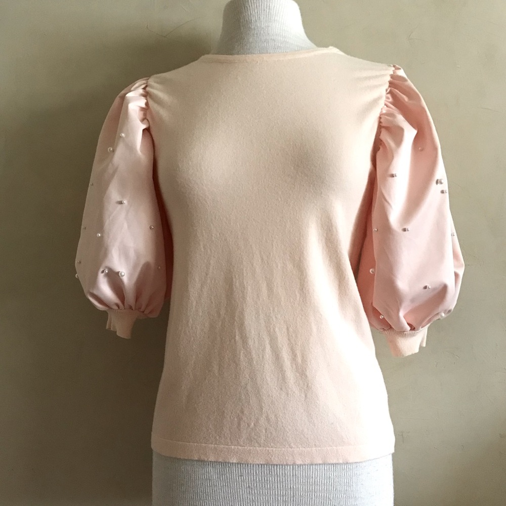 Powder Pink Puffed Sleeves With Pearls Top - Picture 2 of 9